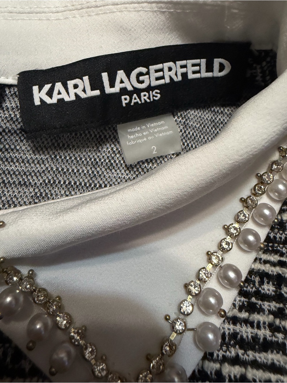 Karl Lagerfeld Paris Collared Tweed A-Line Dress Embellished Pearls Rhinestones - Picture 10 of 15
